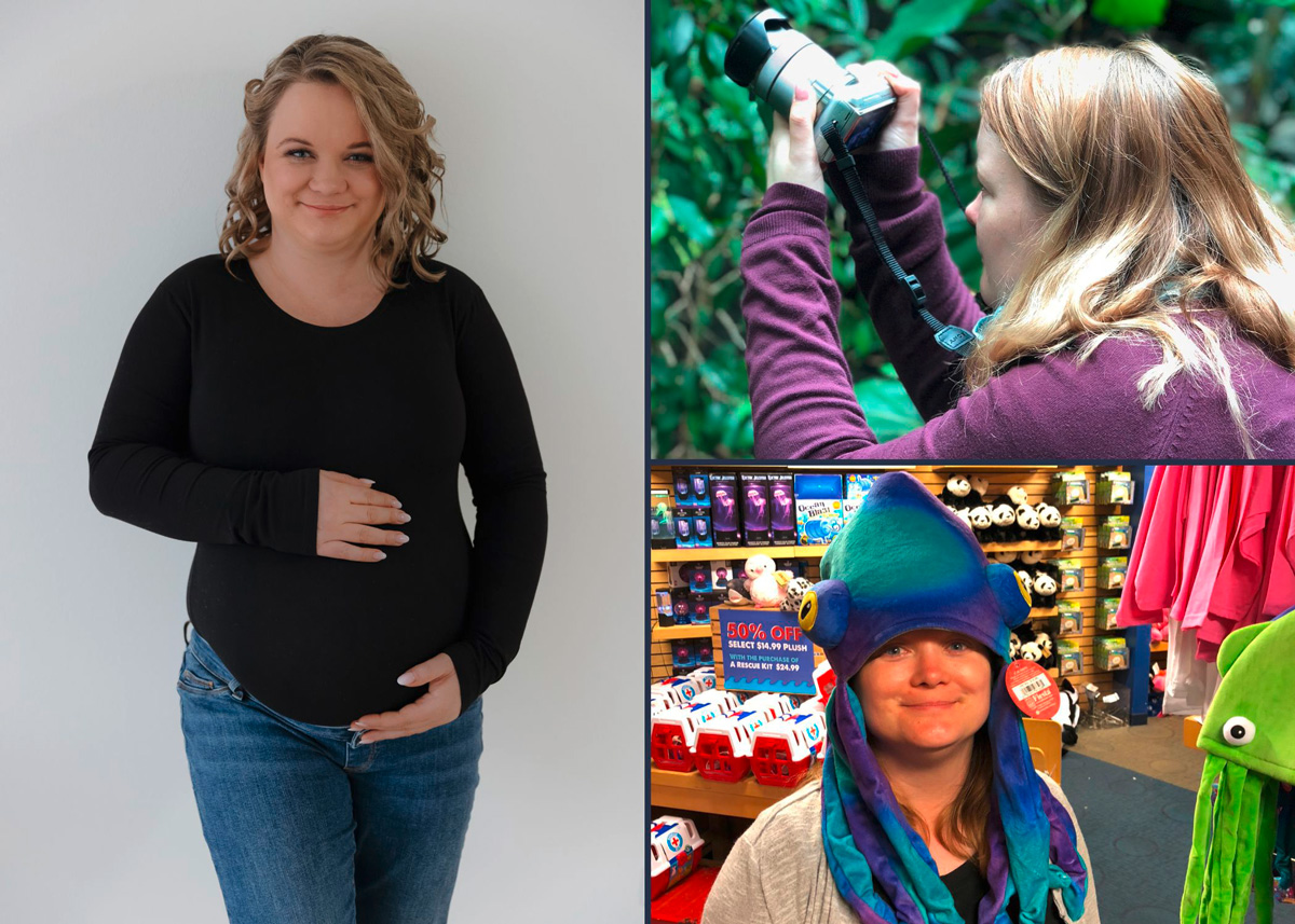 Persönliche Fotocollage von Crossmedia-Designerin Anne Gross vom Babybauch-Shooting 2023, Naturfotografie im Central Park Zoo in New York 2019 und mit einem Kraken-Hut im New England Aquarium in Boston 2019.