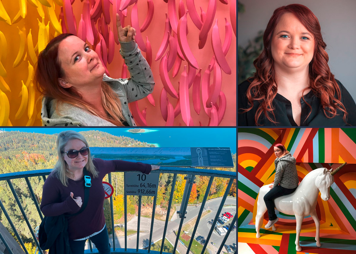 Anne Gross – Crossmedia-Designerin mit Persönlichkeit: Bilder aus dem Selfie-Museum in Budapest 2019, ein Business-Foto im Homeoffice 2023 und ein Moment auf der Aussichtsplattform des Pyramidenkogels am Wörthersee in Österreich 2022.
