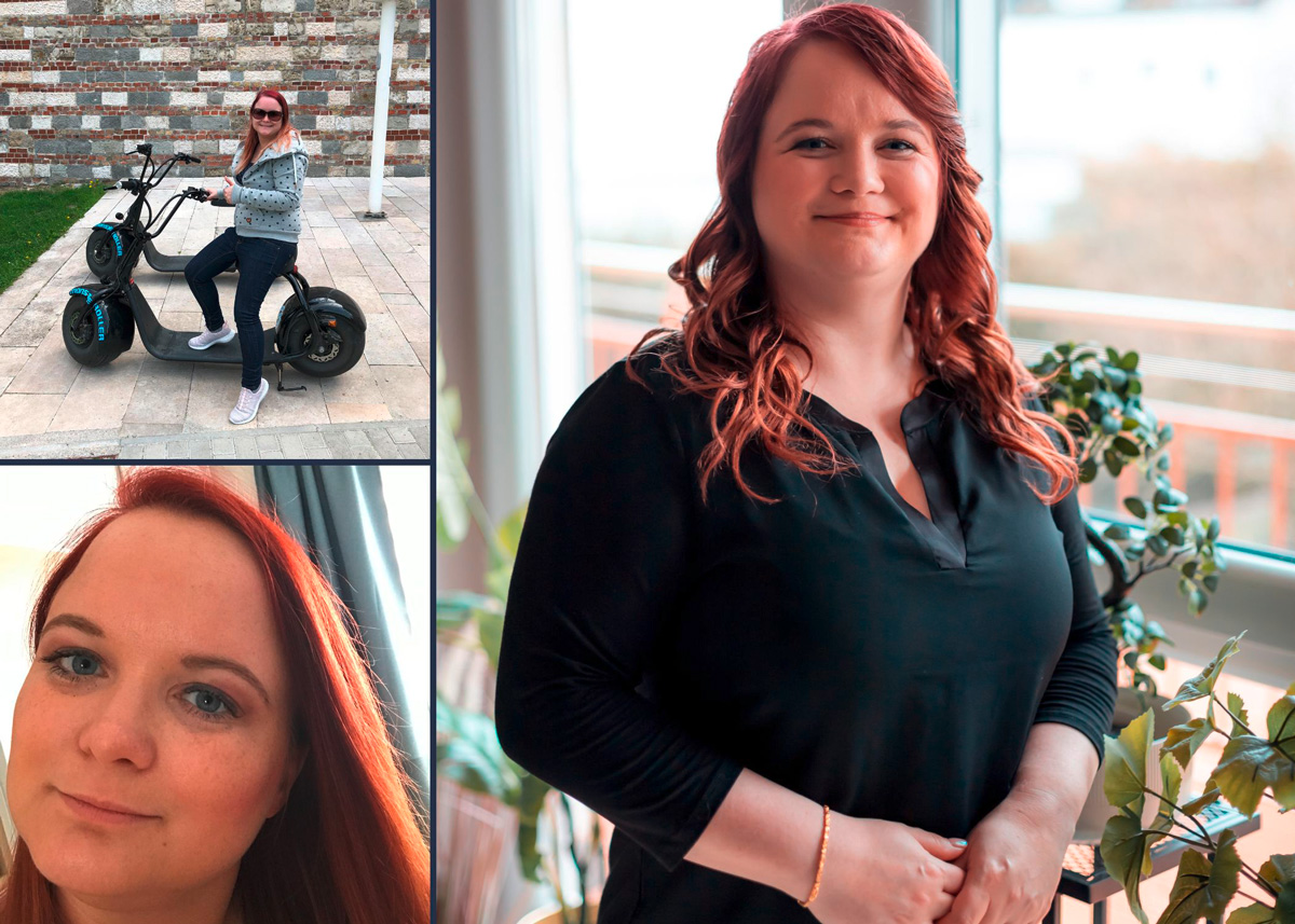 Crossmedia-Designerin Anne Gross – Fotocollage mit Monsterroller-Bild vor der Burg von Buda 2019, auf einem Selfie nach einem Make-up-Kurs 2018 und ein Business-Foto im modernen Homeoffice 2023.