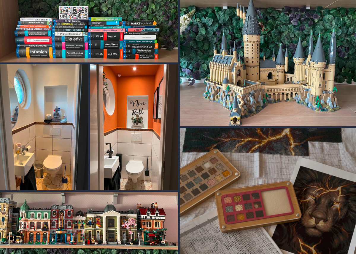 Fotocollage mit LEGO-Hogwarts-Schloss und einer LEGO-Stadtstraße, einer Auswahl an Fachbüchern zu UX/UI-, Web- und Grafikdesign, Vorher-Nachher-Bildern eines renovierten Gäste-WCs sowie einem kreativen Stickerei-Projekt mit Löwenmotiv und goldenem Blitz.