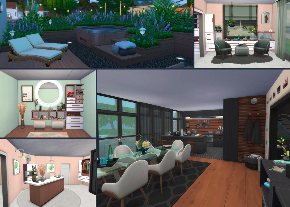 Innenarchitektur im Computerspiel Die Sims 4 von Designerin Anne Gross: stimmungsvoller Gartenbereich mit Whirlpool, Wartebereich, Garderobe und Empfangstresen einer Praxis, sowie moderner Ess- und Küchenbereich in Schwarz, Weiss und Holz.