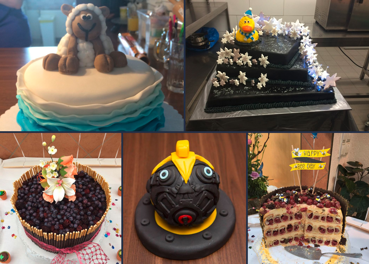 Kreative Torten-Collage von Designerin Anne Gross: Hochzeitstorte mit leuchtenden Sternen und Ente, Fondant-Figuren (Schaf & Bumblebee-Kopf), sowie Obsttorten mit essbaren Deko-Elementen.