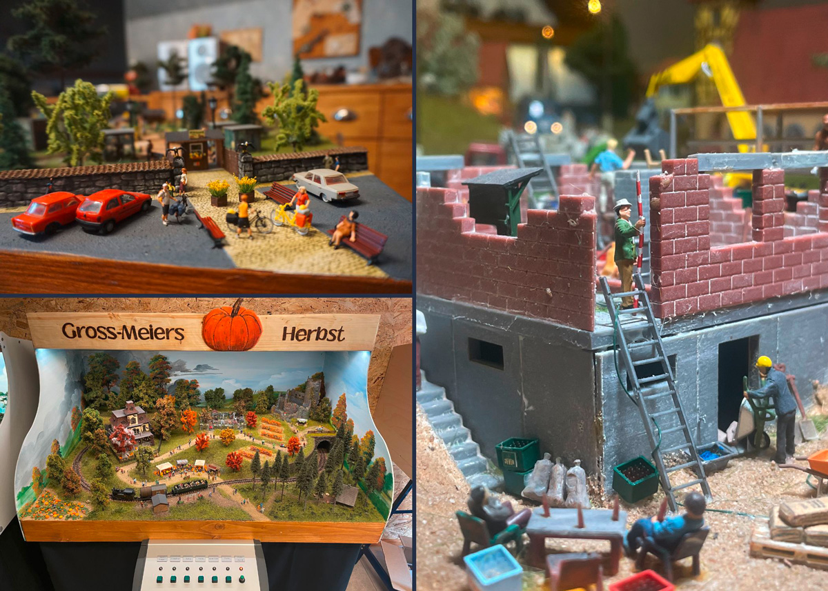 Modelleisenbahn-Bilder von Designerin Anne Gross: liebevoll gestalteter Wildpark-Eingang, Gross-Meiers-Herbstplatte mit Marktständen und Zugstrecke sowie eine realistische Baustellenszene.
