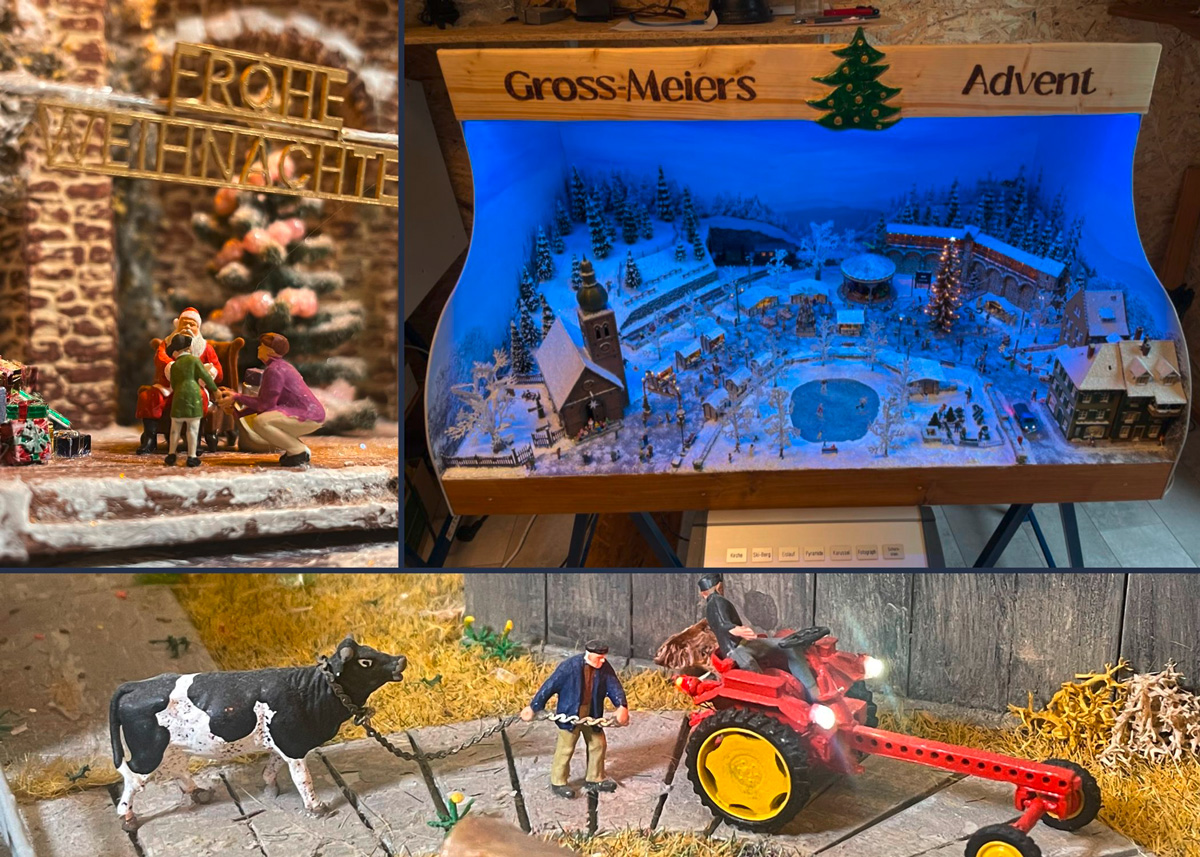Weihnachtliche Miniaturszenen von Designerin Anne Gross: Santa Claus auf dem Marktplatz, Gross-Meiers-Adventplatte mit Eisbahn und Kirche sowie eine ländliche Szene mit Traktor und Kuh auf dem LPG-Hof.