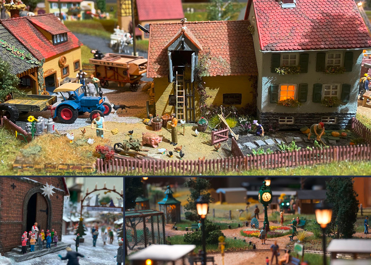 Miniaturwelt von Designerin Anne Gross: Alltag auf einem Bauernhof mit Traktor und Tieren, singender Kinderchor im Schnee vor der Dorfkirche und große Blumenuhr mit Besuchern im Wildpark.