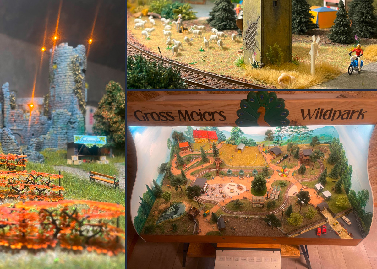 Modellbau-Collage von Designerin Anne Gross: Burgruine mit Weinberge, Schafherde bei einem Trafoturm und Gesamtansicht der herbstlich gestalteten Gross-Meiers-Platte.