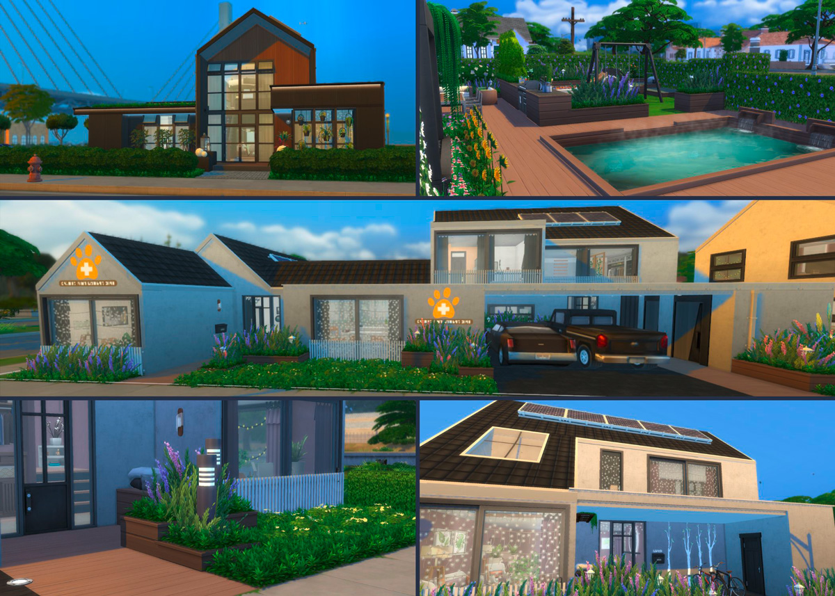 Architektur-Screenshots aus Computerspiel Die Sims 4 von Desigerin Anne Gross: moderne Häuser mit großer Fensterfront, Tierklinik mit Einliegerwohnung, Garten mit Pool und kreative Fassadengestaltung.