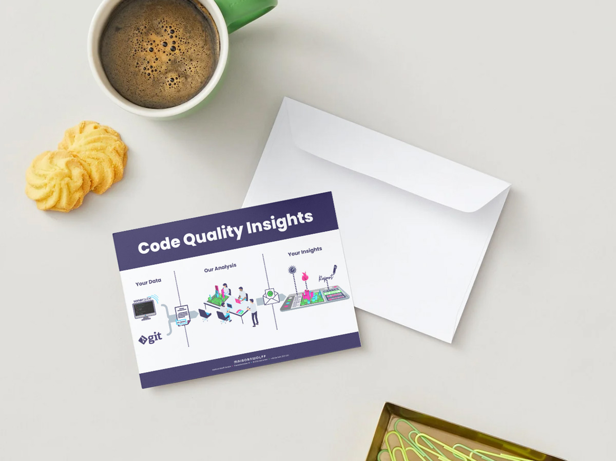Die gestaltete Infografik zur Code Quality Insights Kampagne im Postkarten-Format mit einem dadrunter liegenden Briefumschlag auf einem weißen Tisch mit Keksen, einer Kaffeetasse und Büroklammern (2024).