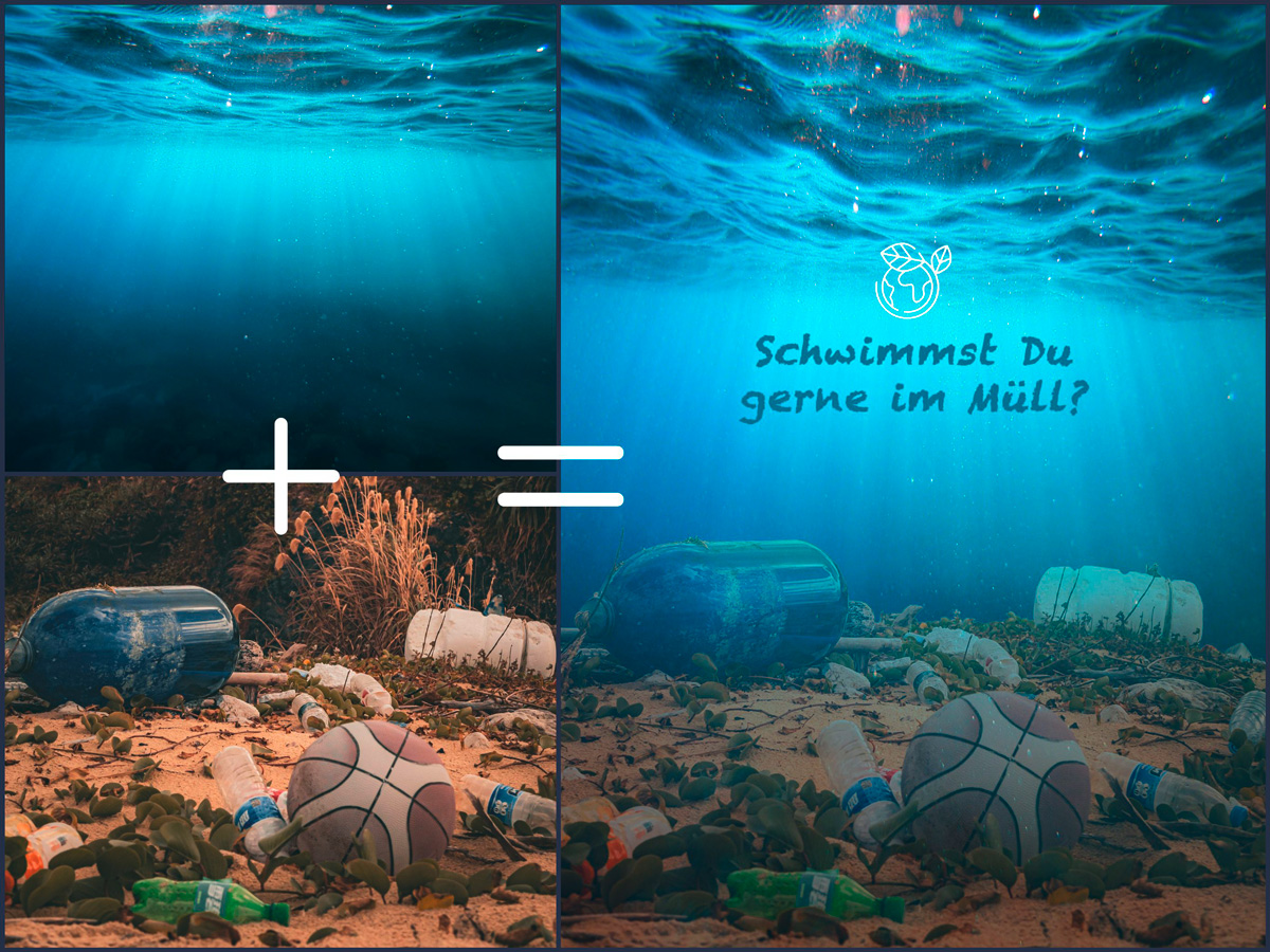 Photoshop-Bildmontage zur Umweltproblematik: Kombination aus Unterwasseraufnahme und verschmutztem Strand – visuelles Konzept gegen Meeresverschmutzung.