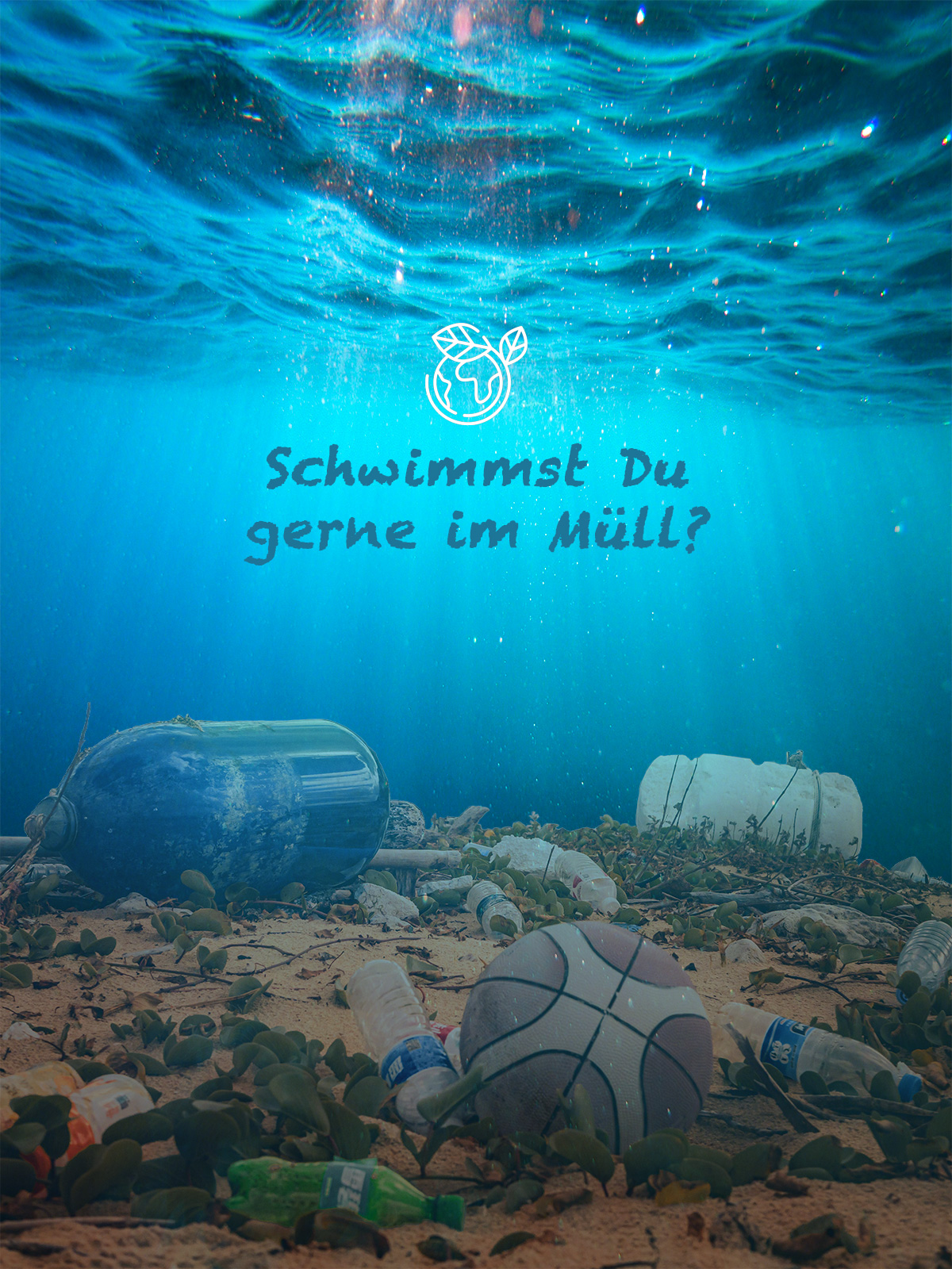 Emotionale Bildkomposition mit der Frage „Schwimmst du gerne im Müll?“ – visuelles Umweltstatement im Stil einer Werbekampagne.