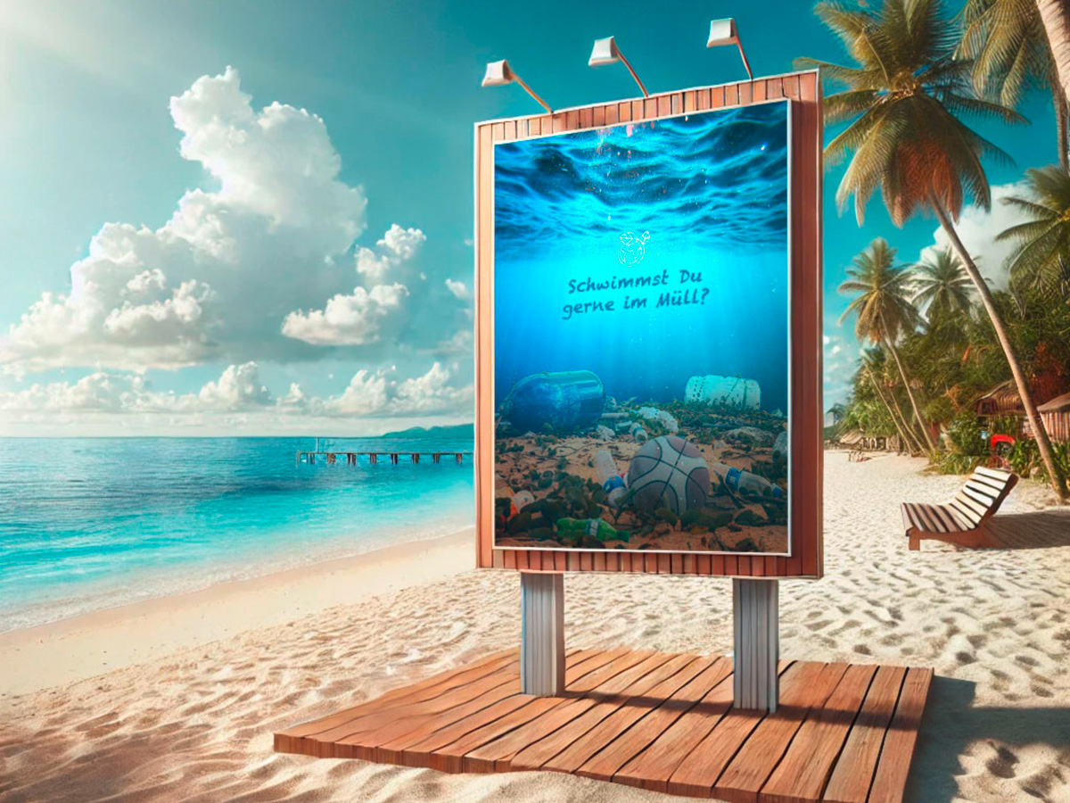 Visualisierung der Bildmontage als Plakat am Strand – realitätsnahe Darstellung des Designs in einem kontextstarken Mockup.
