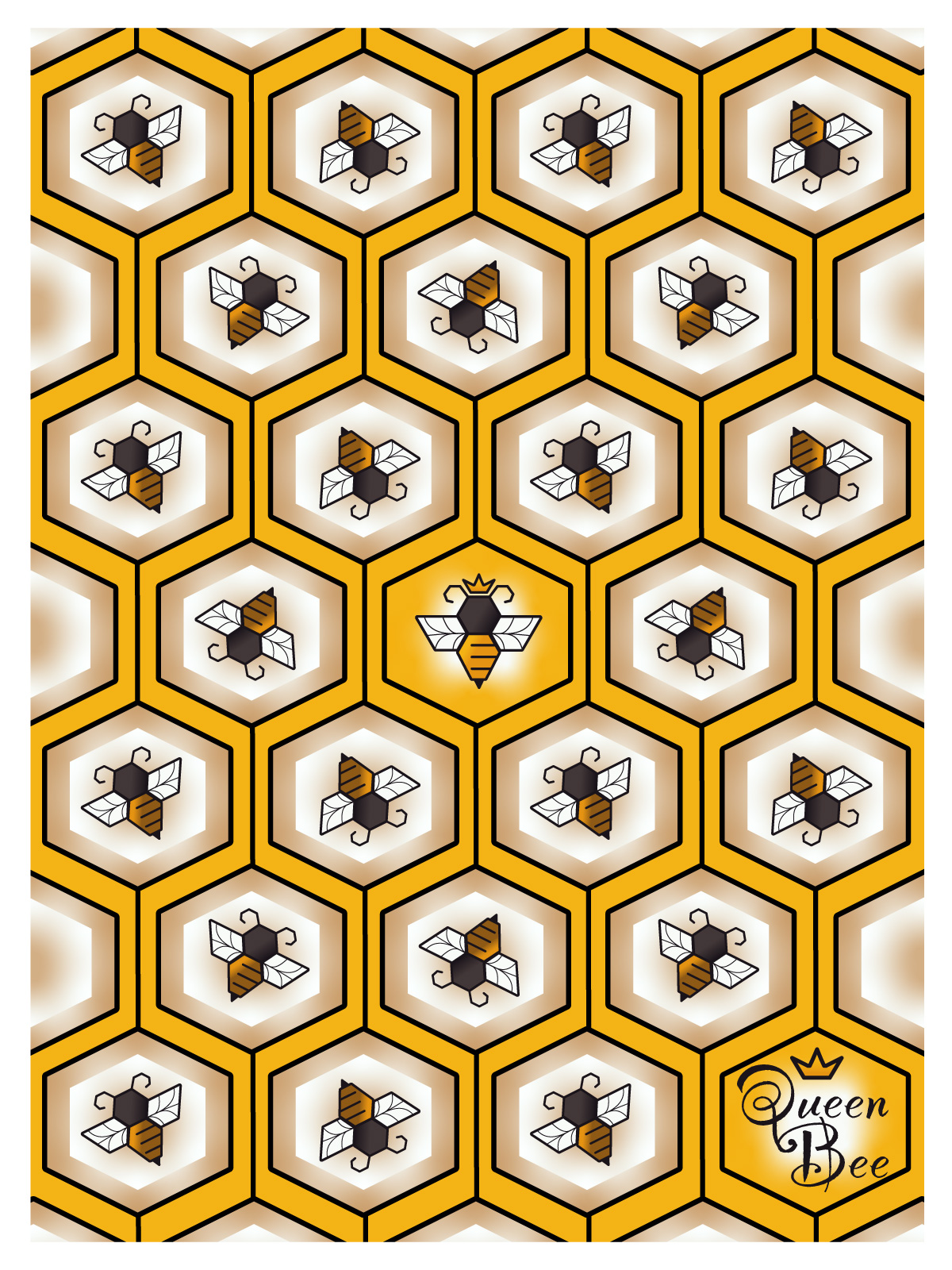 Wabenmuster mit stilisierten Bienen – Vektorgrafik-Übung zur Wiederholung, Symmetrie und Mustererstellung in Adobe Illustrator.