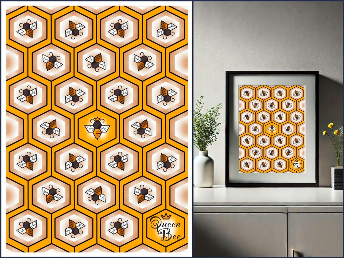 Wabenmuster mit stilisierten Bienen – Vektorgrafik-Übung zur Wiederholung, Symmetrie und Mustererstellung in Adobe Illustrator. Sowie diese Illustration des „Queen Bee“-Musters in einem modernen Posterrahmen – Präsentation im Raumkontext für professionelle Wirkung.