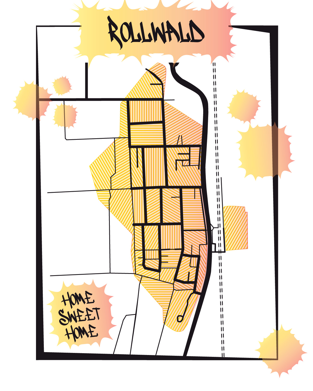 Künstlerischer Stadtplan von Rollwald mit Graffiti-Typografie und farbiger Flächenbetonung – Teil eines kreativen Mapping-Projekts.