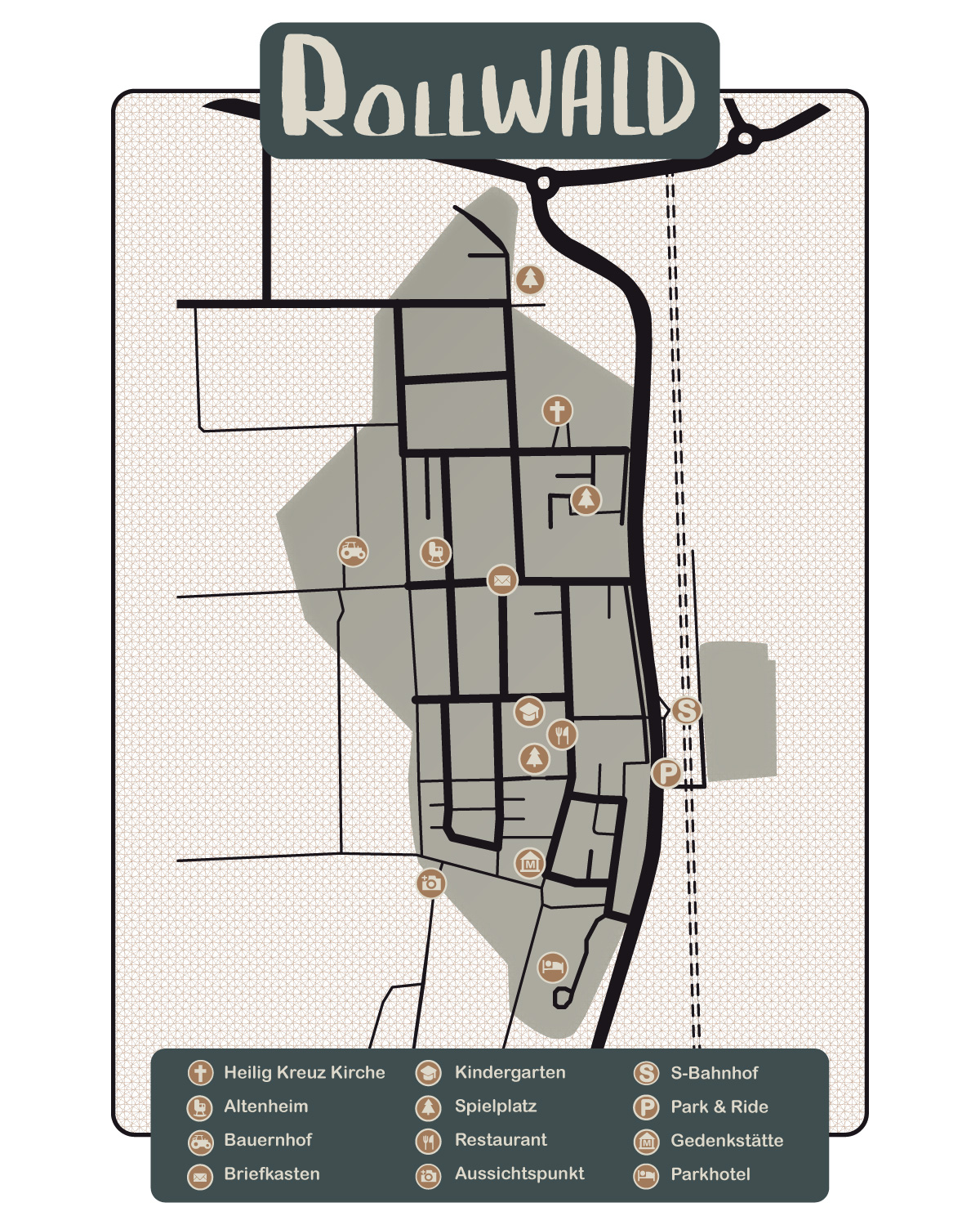 Illustrative Stadtkarte von Rollwald mit Icons für wichtige Orte wie Kirche, Schule und Bahnhof – visuelle Informationsgestaltung mit lokalem Bezug.