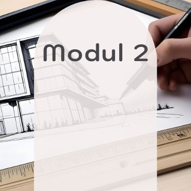 Modul 2: Vignette mit Architekturzeichnung und Hand – Fokus auf Entwurfsprozesse und Skizzentechniken im Architekturkontext.