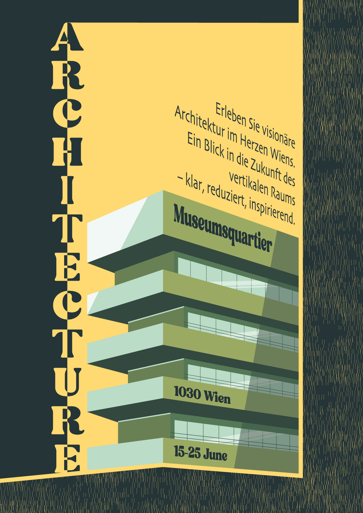 Illustratives Plakat für eine Architektur-Ausstellung im Museumsquartier Wien – grafische Darstellung eines modernen Gebäudes in Grüntönen.