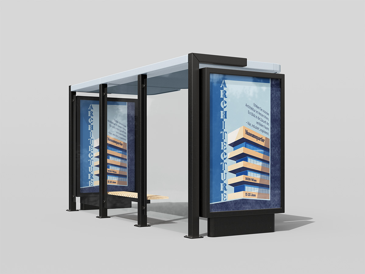 Poster einer futuristischen Ausstellung im Wien Space Science Center – verspielte Typografie und Sci-Fi-Gebäudedesign als visuelle Konzeption.