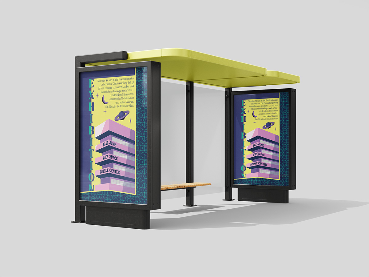 Poster einer futuristischen Ausstellung im Wien Space Science Center – verspielte Typografie und Sci-Fi-Gebäudedesign als visuelle Konzeption.