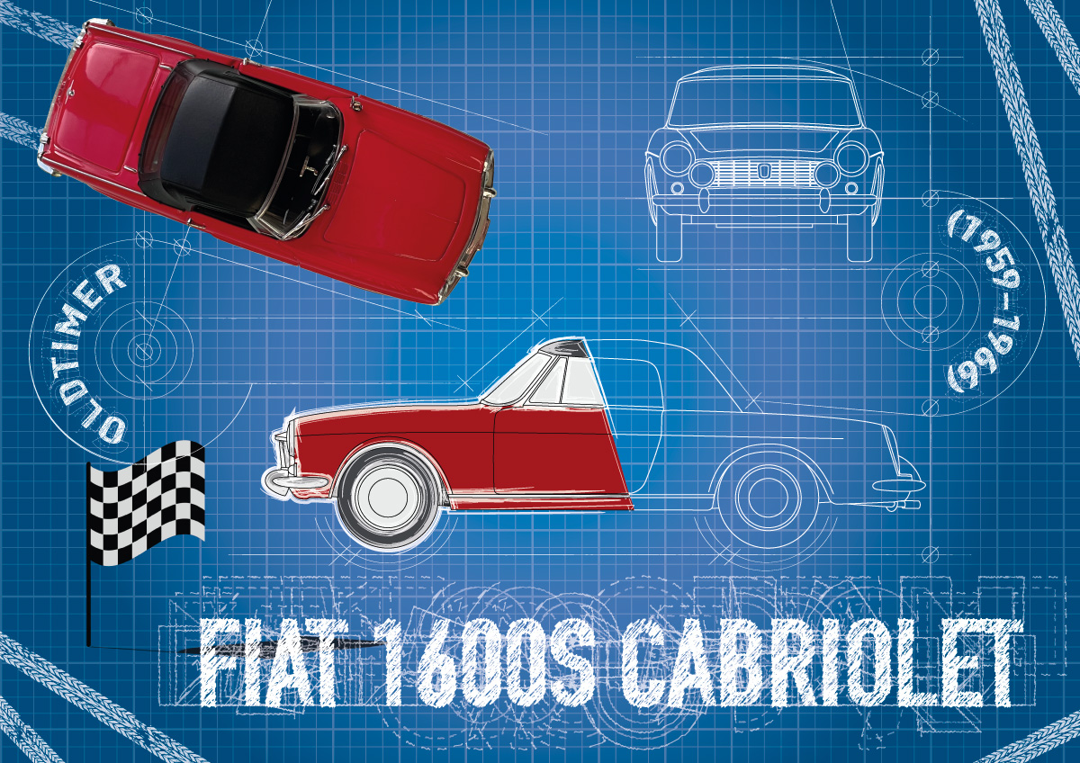 Blueprint-Illustration eines Fiat 1600S Cabriolet mit technischen Skizzen und Designstudien – visuelle Hommage an Oldtimer-Ästhetik.