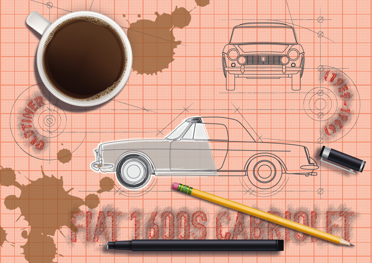 Illustration auf Millimeterpapier eines Oldtimers mit Bleistift, Kaffeetasse und Skizzen – Projekt zur Verbindung von analogem Arbeiten und digitalem Design.