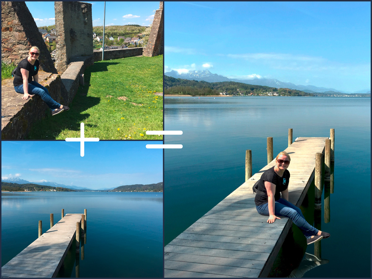 Photoshop-Bildmontage Birthday Girl sitzt vor einer großen Luftballon-Wand mit Kuchen und einem Geburtstagsschild mit Namen und Jahreszahl.